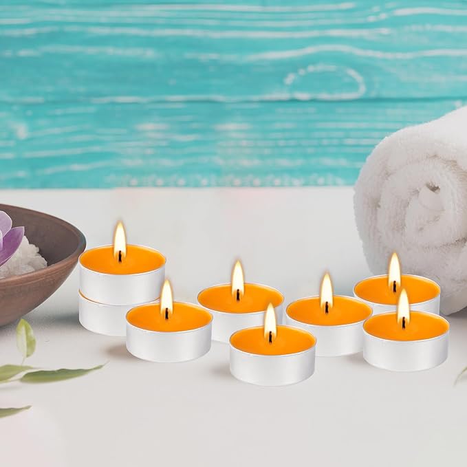 100 Pack Scented Tealight Candles 4 Hours, Winter Orange Aromatherapy Candles for Votive Home, Wedding Holiday and Emergency (Orange)