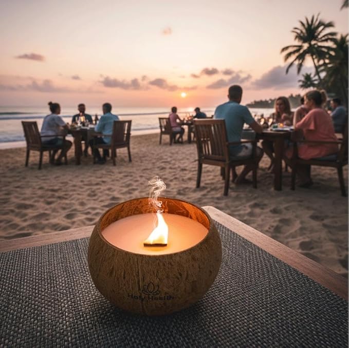 Holy Health® Coconut Scented Candle – Orange – Handmade in Natural Coconut Shell with Natural Wood Wick – Sweet & Energizing Aroma – Real Coconut Wax. Free Holy Health® Totebag.