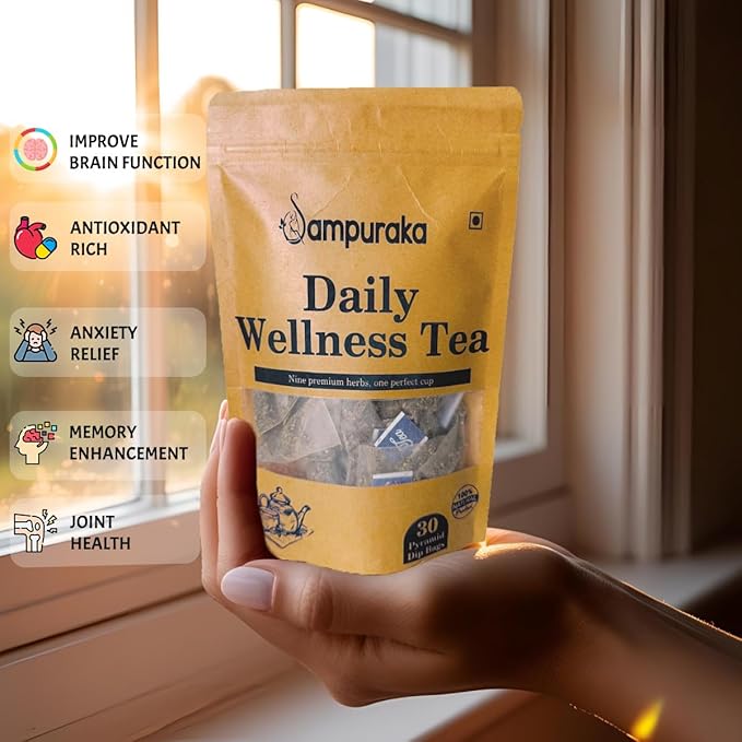 Sampuraka Daily Wellness Tea – Herbal Tea for Immunity & Relaxation Support with Turmeric, Ashwagandha, Ginger | Organic, Caffeine-Free (90 Tea Bags)