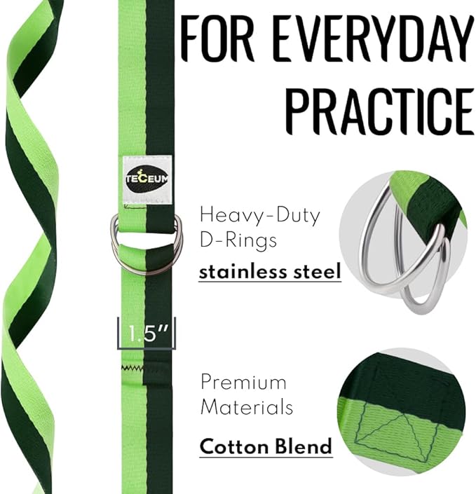 TECEUM Yoga Strap & Mat Strap – 2 IN 1 – Cotton – 6 ft 8 ft 10 ft (30+ colors) – Adjustable Non-Slip Belt for Yoga, Pilates, Stretching, Physical Therapy, Fitness & Home Workout – For Carrying Mats