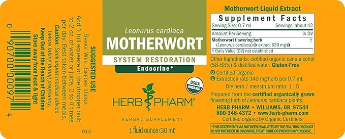 Herb Pharm Certified Organic Motherwort Liquid Extract for Endocrine System Support - 1 Ounce (Pack of 2)