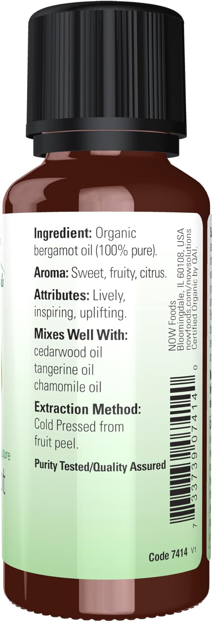 NOW Essential Oils, Organic Bergamot Oil, Sweet Aromatherapy Scent, Cold Pressed, 100% Pure, Vegan, Child Resistant Cap, 1-Ounce