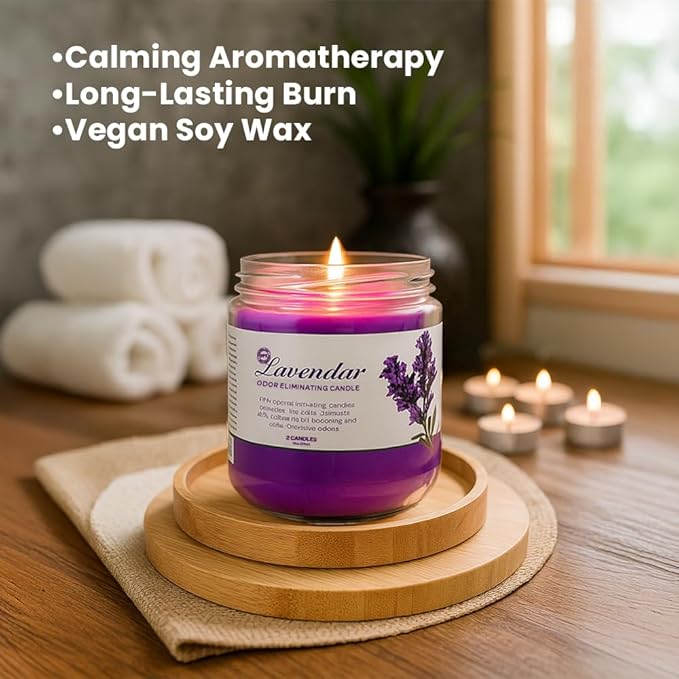 Candle Set Odor Eliminating – 2 Pack - 12oz – Long-Lasting Soy Wax Candles – Neutralizes Pet, Kitchen & Smoke Odors – Clean Burn, Eco-Friendly, Aromatherapy Candle (Lavender)