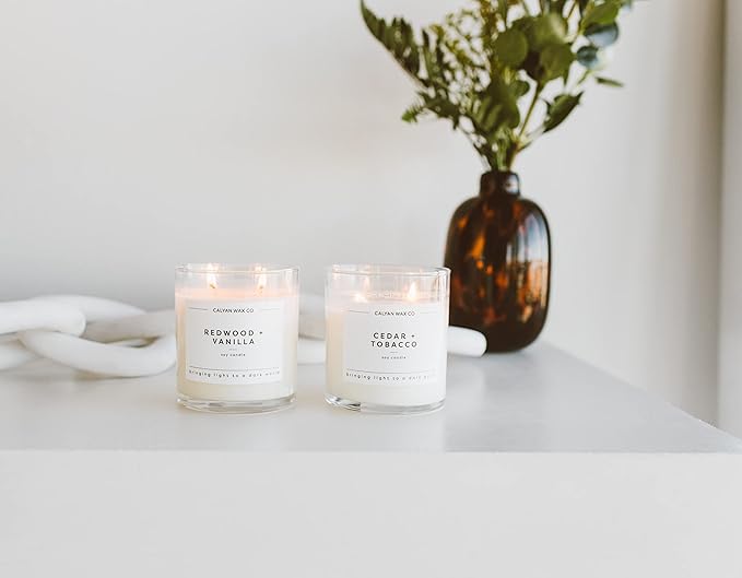 Calyan Wax Co. Smoke & Leather 2 Wick Scented Candle - 37 Hour Burn - Luxury Non Toxic Soy Wax Candles - Long Lasting Large Glass Jar Candle for Home - 8.8oz