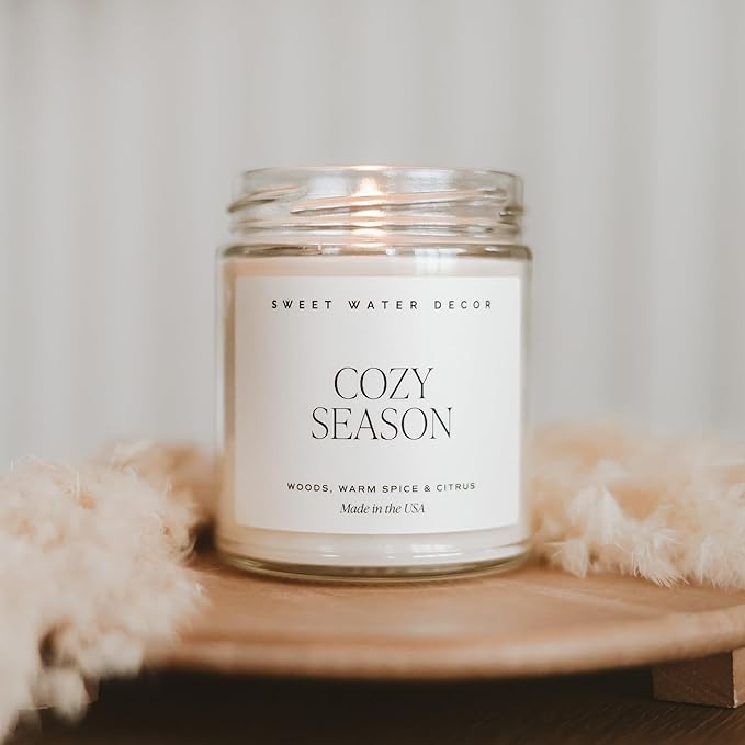 Sweet Water Decor Cozy Season Soy Candles - Fall Candles with Woods, Warm Spice, and Citrus Scent for Home Decor - Soy Candle with 40 Hours Burn Time - 9Oz Gold Lid Clear Jar Candles Fall Scents