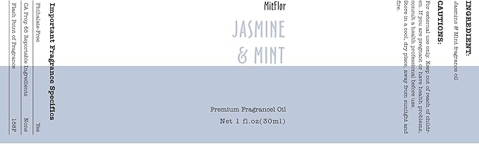 Jasmine & Mint Fragrance Oil, MitFlor 30ml Hotel Diffuser Oil, Large Size Premium Grade Fragrance Oil for Soap & Candle Making Scent, Aromatherapy Essential Oil, Fresh Scent for Home Fragrance