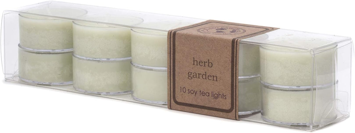 ECO CANDLE CO. Tea Light Candles, Herb Garden, 10-Pack - Scents of Tarragon, Bergamot, Grapefruit, & Jasmine - Recyclable, 100% Soy Wax, No Lead, Hand Poured, Midwest Grown Soybeans, .6 oz. Each