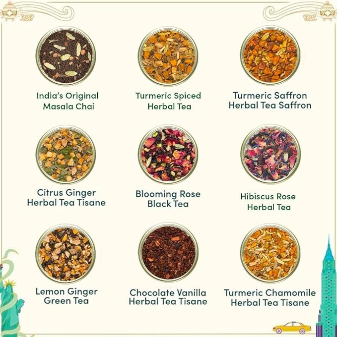 VAHDAM, Weekend In New York Tea Gift Set Travel Edition Gift Box | 9 Varieties - Green, Herbal & Black Tea | Gluten Free, Non GMO | Gifts for Women & Men,