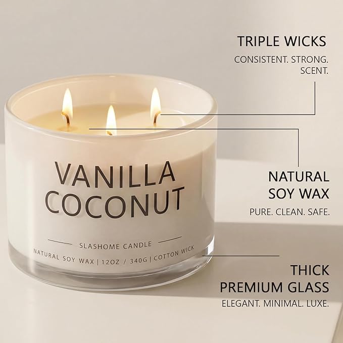 Vanilla Coconut Scented Candle, Luxury Large 3 Wick Soy Candle 12 Oz, 60+ Hour Long Lasting Clean Burn, Elegant Aromatherapy Home Decor, Housewarming & Birthday Gift for Men & Women