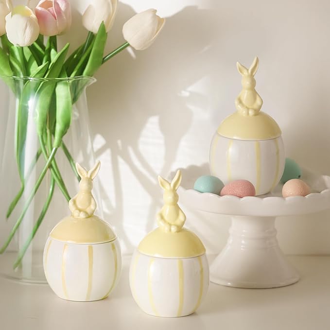 Easter Bunny Candle with Egg Jar and Lid, Easter Decorations Cute Rabbit Aromatherapy, Ceramic Egg Candles for Spring Home Decor, Long Buring Scented Soy Candle Gift for Friends, Yellow