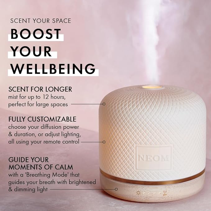 NEOM – Wellness Pod Luxe | Premium Ceramic Ultrasonic Essential Oil Diffuser, 350ml | Ceramic Cover, Remote Control, LED Light & Timer | Aromatherapy Diffuser | Home Fragrance…