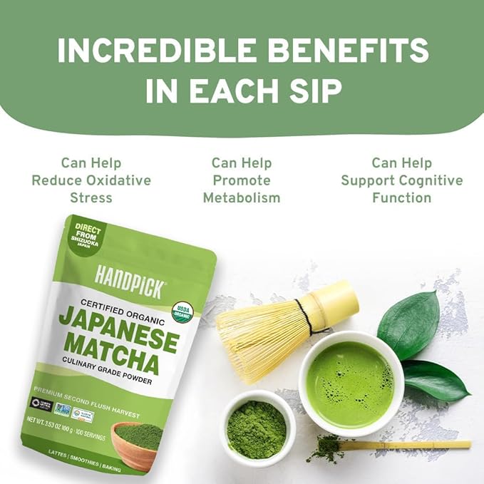 HANDPICK Japanese Organic Matcha Green Tea Powder (100 Servings) - Sourced from Japan | Authentic Premium Harvest | Resealable Ziplock Pouch
