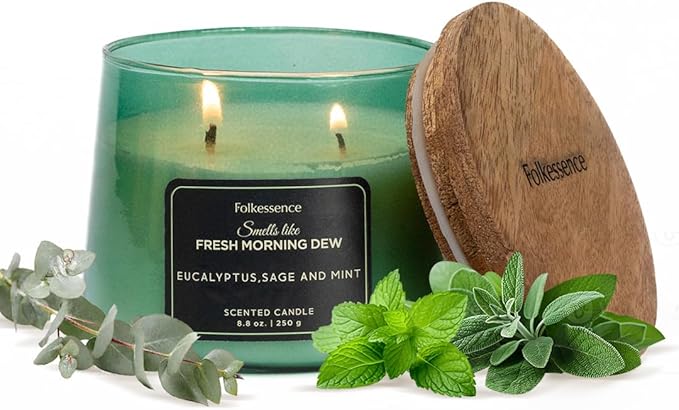 Folkulture Scented Candles – 8.8 Oz | Eucalyptus & Mint Luxury Green Jar Candles for Women, Relaxation Gifts | Stress Relief Evergreen Candle for Aromatherapy, Bath & Body Works with 30 Hrs Burntime