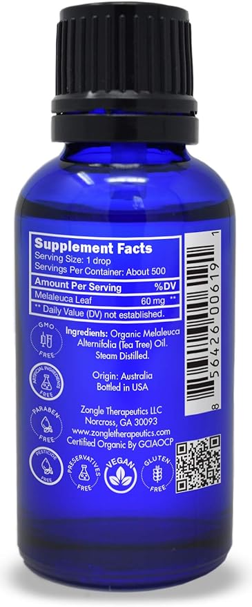 Organic, Tea Tree, Melaleuca, Oil, Food Grade – 100% Pure, Tea Tree Essential Oil, by Zongle Therapeutics, 1 OZ