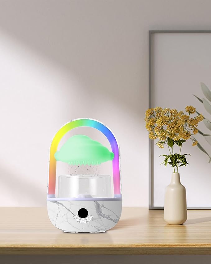 Weljoy Aromatherapy Essential Oil Diffuser Rainbow Rain Cloud Micro Humidifier Water Drip Mushroom Diffuser with Running Lights Rain Sounds for Sleeping-Tabletop Water Fountain&Night Light