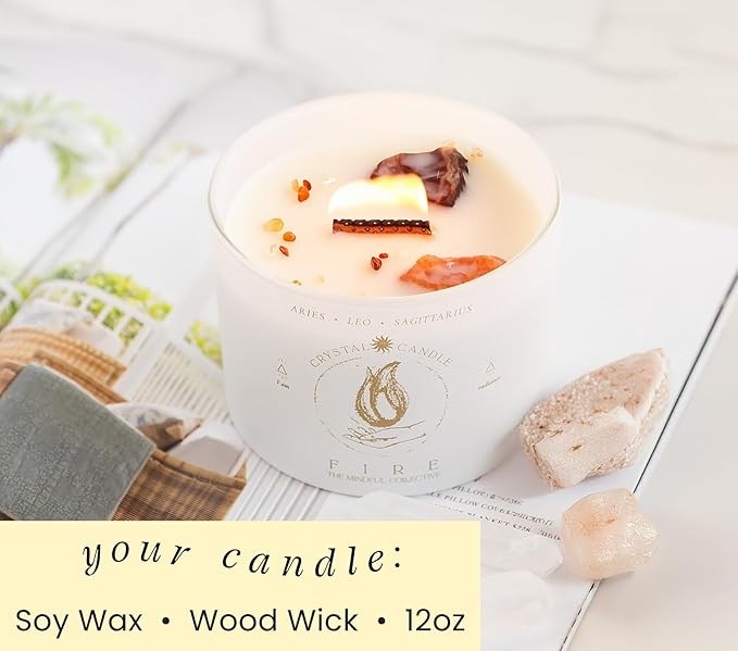 Aries, Leo, Sagittarius Gifts for Women - 12oz Wood Wick Candles That Crackle with Crystals and Healing Stones. Healing Crystal Candles for Women Home Scented. Soy Wax, for Zodiac Birthdate