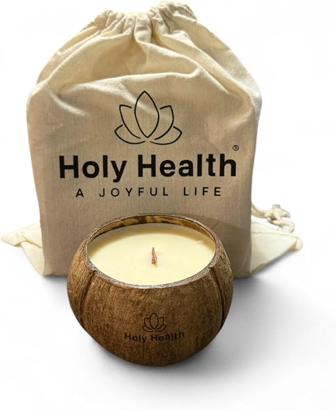Holy Health® Coconut Scented Candle – Orange – Handmade in Natural Coconut Shell with Natural Wood Wick – Sweet & Energizing Aroma – Real Coconut Wax. Free Holy Health® Totebag.