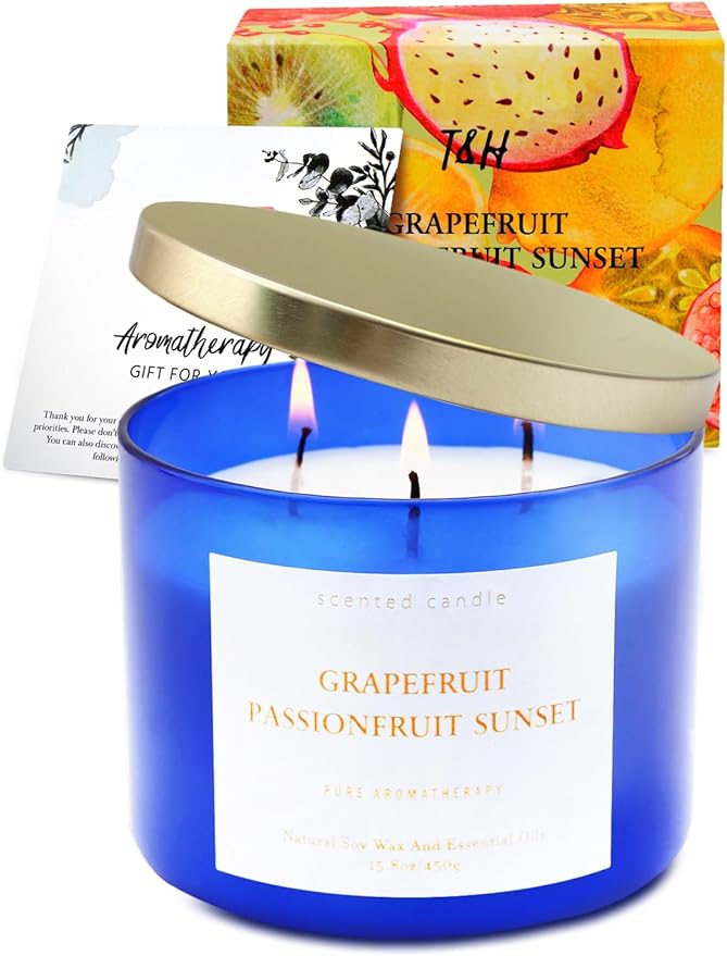 Grapefruit Passionfruit Sunset 3-Wick Scented Soy Candle, 15.8 oz | Large Tropical Citrus Candle for Home | Strong Aromatherapy Stress Relief Candles | Gift for Women & Men | Long-Lasting Clean Burn