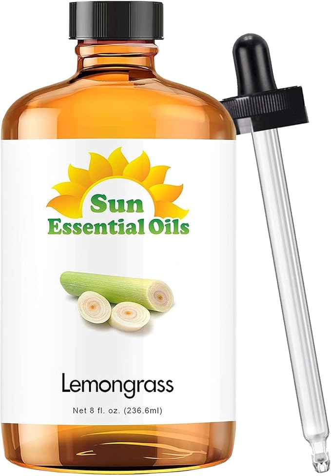 Sun Essential Oils - Lemongrass Essential Oil 8 oz with Dropper for Diffuser, Hair & Skincare, Aromatherapy Massage, Humidifier, Candle, Soap & Lotion Making at Home