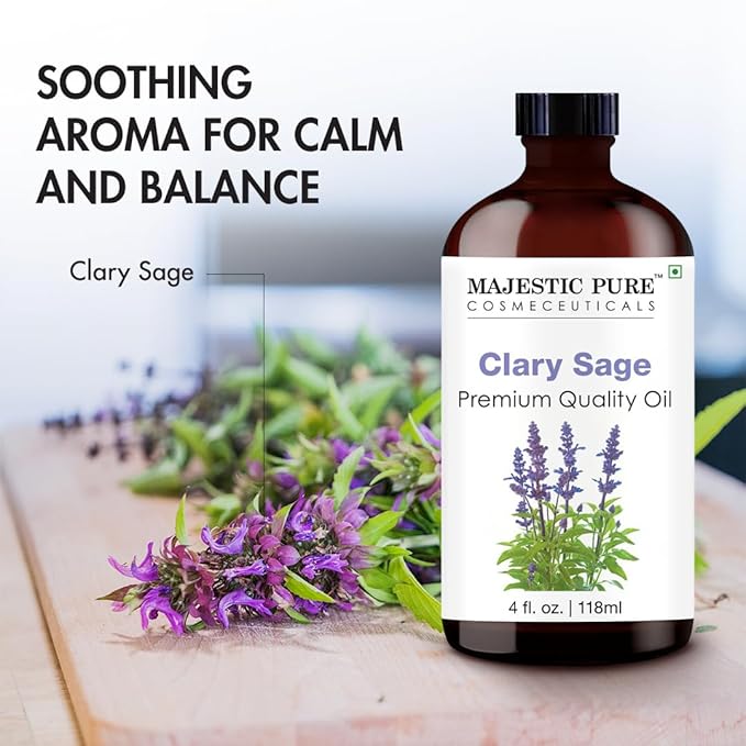 Majestic Pure Essential Oil with Glass Dropper - 100% Pure and Natural - Essential Oils for Diffuser, Aromatherapy, Soap and Candle Making, Clary Sage Essential Oil, Clary Sage Oil, 4 Fl Oz