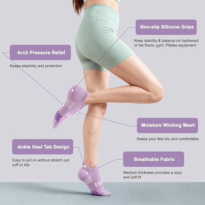 musesox 4 Pairs Non-Slip Pilates Socks for Women with grips,Grippy Ankle Socks for Yoga,Barre,Hospital,Gym,Dance