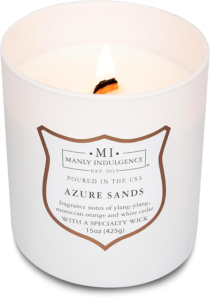 Manly Indulgence Azure Sands Scented Candles for Men, 15 oz Wooden Wick, Premium Soy Blend Wax, 60H Burn, Candles for Home Scented - Made in The USA