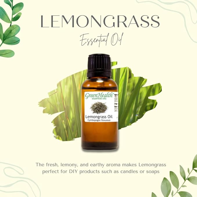 GreenHealth Lemongrass - 8 fl oz (237 ml) Glass Bottle with Cap - 100% Pure Essential Oil