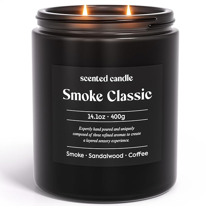 Candles for Men, 14.1 oz Scented Candles for Home, 2 Wicks Blended Scents Birthday Candles Gifts for Dad, Teacher, Boyfriend (Smoke+Sandalwood+Coffee)