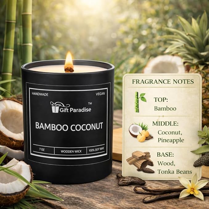 Gift Paradise® Bamboo & Coconut Premium Scented Candle 7oz – All-Season Soy Wax Candle with Wooden Wick – Non-Toxic, Vegan, Clean Burn – Glass Jar – Wooden Gift Box Included