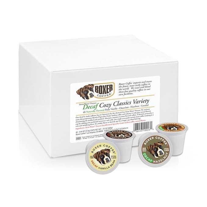 Boxer Coffee Swiss Water Decaf Cozy Classics Variety Naturally Flavored Pods compatible with Keurig K-Cup, 48 count - Vanilla, Chocolate, Hazelnut, Caramel