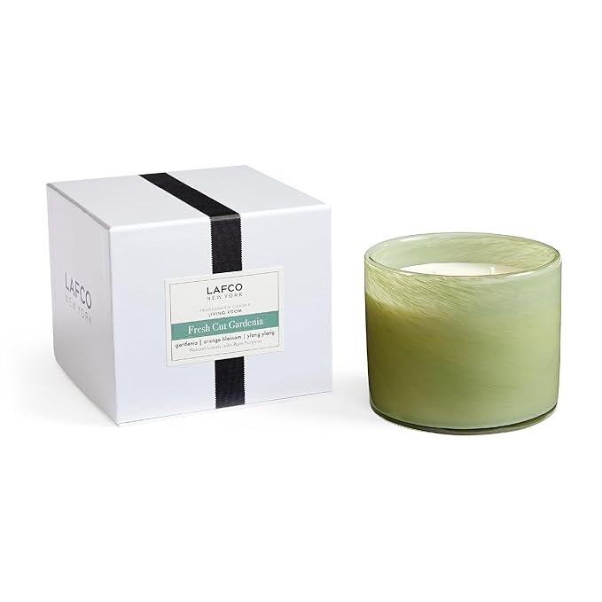 LAFCO New York 3-Wick Candle, Fresh Cut Gardenia - 30 oz - 120-Hour Burn Time - Reusable, Hand Blown Glass Vessel - Made in The USA