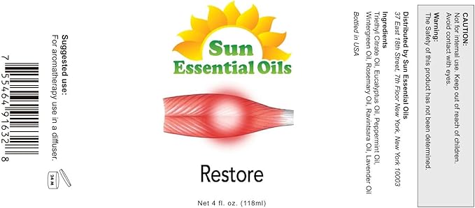 Sun Essential Oils Deep Muscle Relief Blend Oil (Huge 4 Ounce Bottle) Bulk - Sore Muscle Massage Oil - Muscle Ease Essential Oil Blend - Aromatherapy Oils