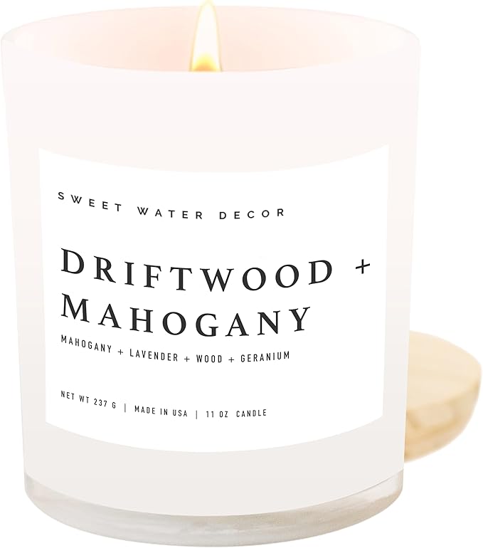 Sweet Water Decor Driftwood and Mahogany Candle - Mahogany, Lavender, Wood, and Geramium Scented Candle for Home - 11oz Jar Candle with Wood Lid, 50+ Hour Burn Time, Made in The USA