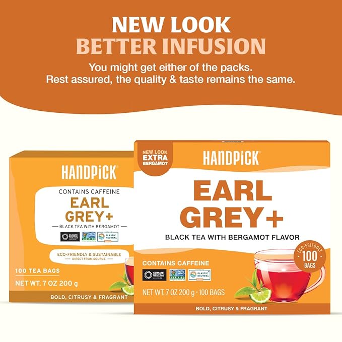 HANDPICK, Earl Grey Black Tea Bags (100 Count) Bergamot Oil | Caffeinated, Earl Grey Tea Bags | Flavoured With Citrus and Bergamot Brew Hot/Iced Tea with or without milk