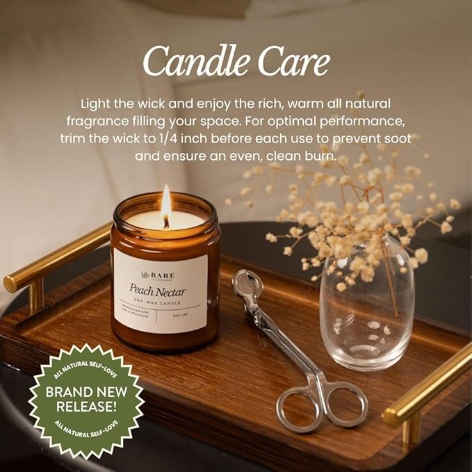 Bare Botanics Peach Nectar 9oz Soy Candle - 100% Plant-Based Fragrance Oils - Premium, Non-Toxic Candle - Softly Scented Natural Soy Wax - Handpoured in WI - 40 Hrs Long Burning & Ready to Gift