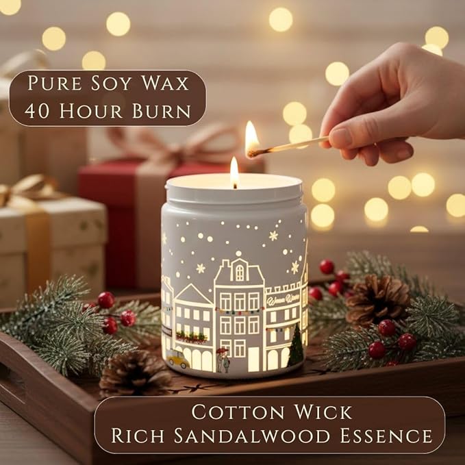 Sandalwood Scented Candle (White Jar), 40-Hour Burn, Dual Light Glow, Premium Soy Wax, Aromatherapy Candle for Bedroom & Bathroom, Cozy Holiday Gift Candle – 7oz (200g)