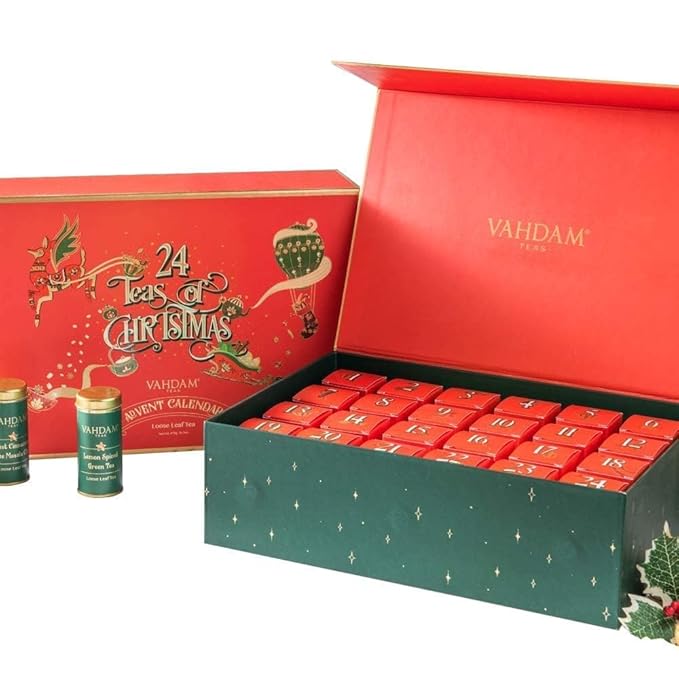 VAHDAM, Assorted New Year Tea Gift Set (500g/17.63oz) 24 Unique Loose Leaf Teas in Tin Caddies - Exclusive Holiday Gift Box | New Year 2026 Presents For Women, Men & Adults