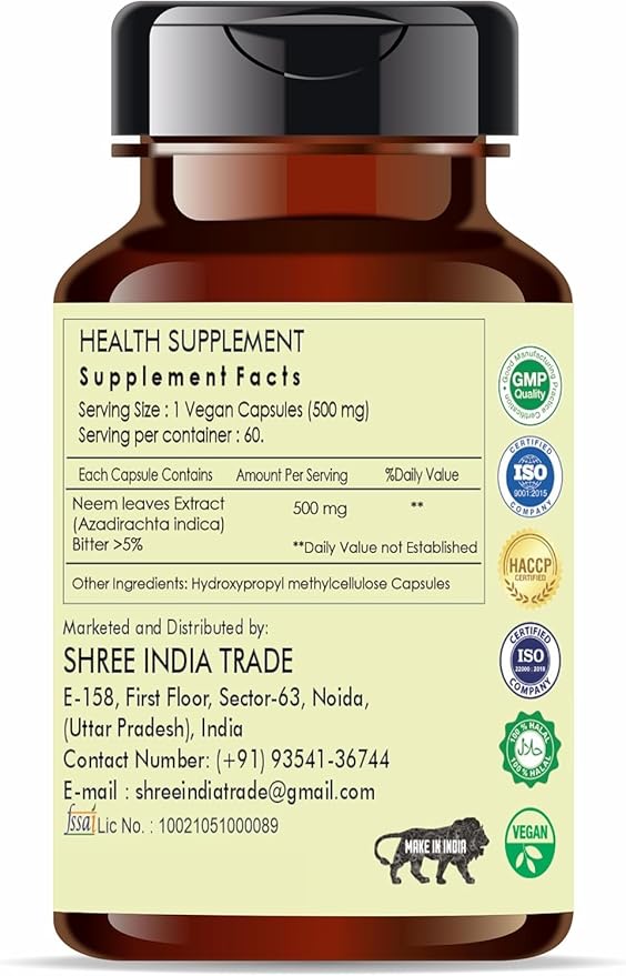 Neem Extract 500mg - 60 Vegetarian Capsules | Azadirachta Indica | All Natural | 100% Vegan | Gluten-Free.