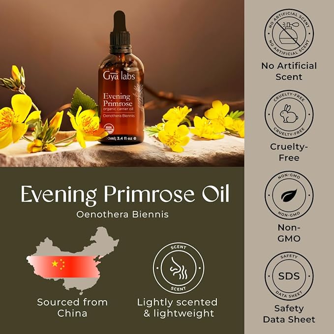 Gya Labs Evening Primrose Oil - 3.4 Fl Oz - Carrier Oil for Hair, Skin, Face, Scalp & Body Massage