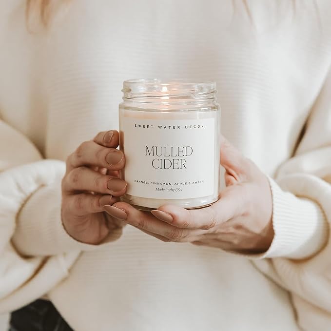 Sweet Water Decor Mulled Cider Candle - Fall Scented with Cinnamon, Icing and Cinnamon Buttery Pastry for Home - Fall Soy Candle with 40 Hours Burn Time - 9Oz Gold Lid Clear Jar Mulled Cider Scents