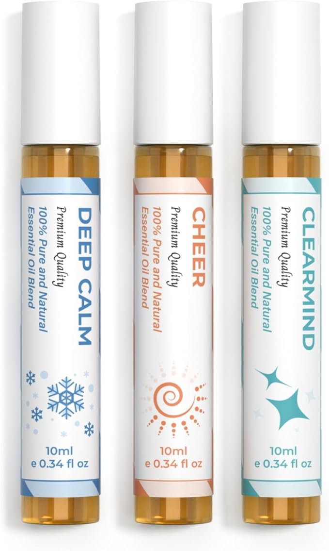 Essential Oil Set (Deep Calm, Cheer, ClearMind), Aromatherapy Roll On Blends for Massage, Body Care & Home Use, Great Fragrance Roller Gift for Men & Women