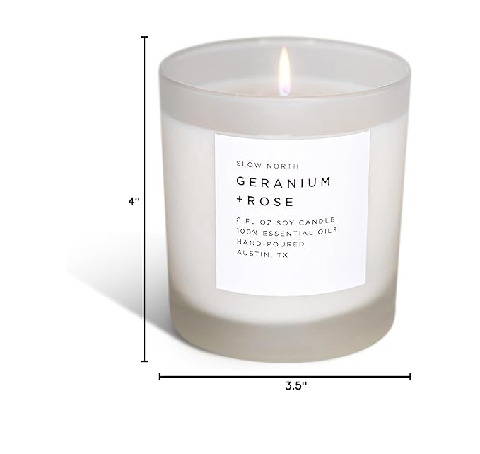 Slow North Geranium + Rose Candle - Essential Oils and Pure Soy Wax Candle in a Reusable Frosted Glass Jar - A Unique Scented Candle Hand-Poured in The USA (8 oz)