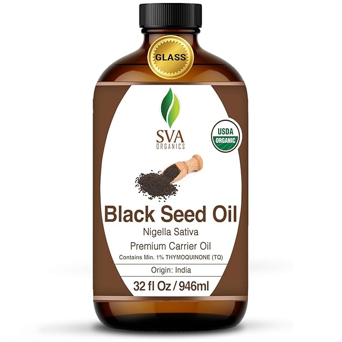 SVA Black Seed Oil Organic - 32 Fl Oz – 100% Natural Cold Pressed Organic Black Seed Oil - for Face, Skin Care, Hair Care, Scalp Massage & Body Massage – Carrier Oil