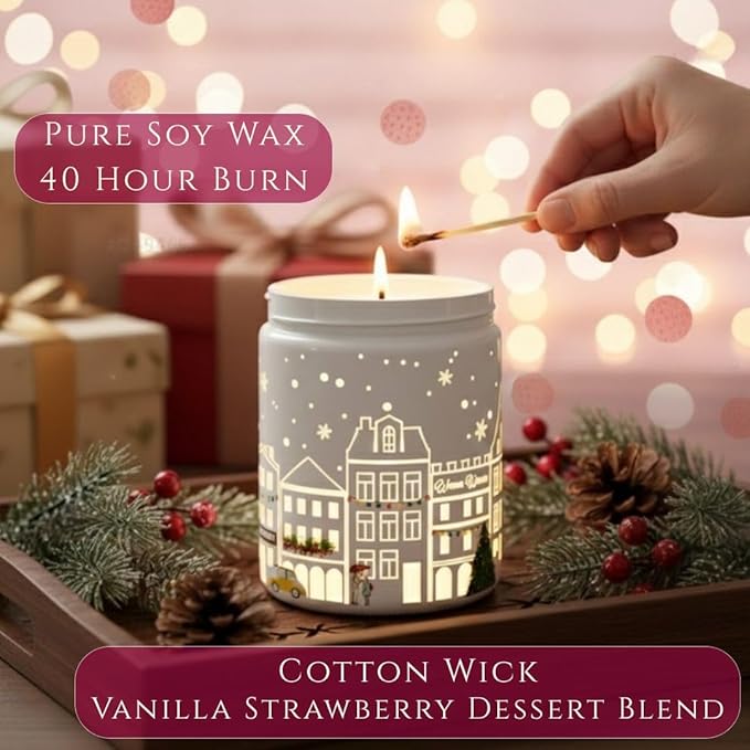 Vanilla & Strawberry Scented Candle (White Jar), 40-Hour Burn, Dual Light Glow, Premium Soy Wax Blend, Dessert-Inspired Aromatherapy Candle for Bedroom & Bathroom – 7oz (200g)