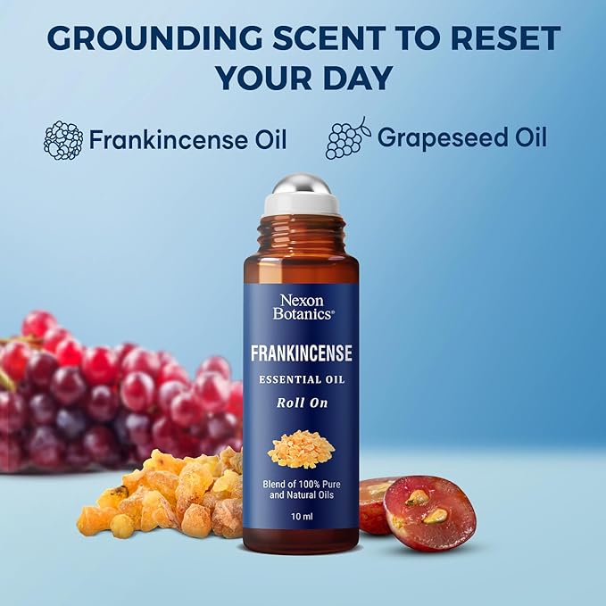 Frankincense Essential Oil Roll-On Blend 10 ml - Pure, Natural Oil with Grapeseed for Aromatherapy & Skin Care - Nexon Botanics (Pack of 2)