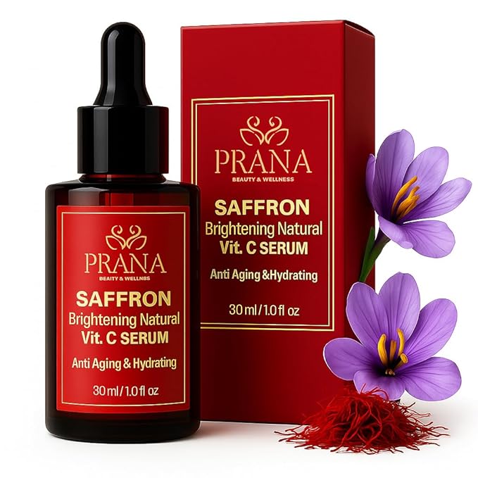 PRANA Saffron Brightening Vitamin C Face Serum – Ayurvedic Skincare with Pure Blue Lotus, Vetiver & Sandalwood – Hydrating Anti-Aging Serum for Even Skin Tone, Dark Spots & Radiant Glow (30ml)