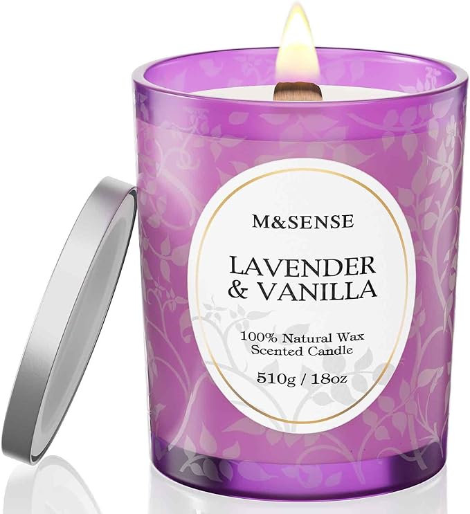 M&SENSE Lavender Vanilla Scented Candle, Cracking Wooden Wick Soy Wax, 18oz 100 Hours Long Lasting Clean Burn, Large Jar Candles for Home Decor, Non-Toxic Relaxing Aromatherapy Gifts for Women