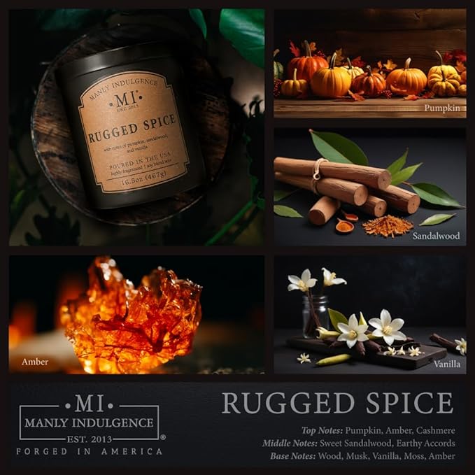 Manly Indulgence Rugged Spice Scented Candles for Men, 2 Wick, 16.5 oz, Premium Soy Blend Wax, 60H Burn, Candles for Home Scented - Made in The USA