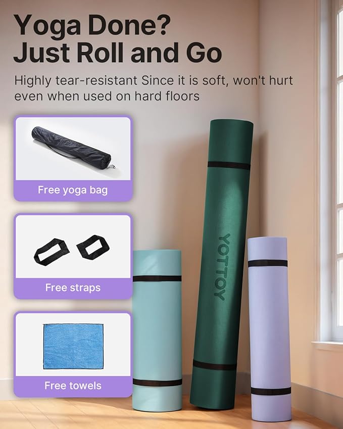 YOTTOY Large Yoga Mat (75 * 52 * 1/2inch),Extra Wide TPE Exercise Mat,Non-Slip Workout Mat for Pilates, Fitness, Barefoot, Home Gym Studio with Strap and Towel