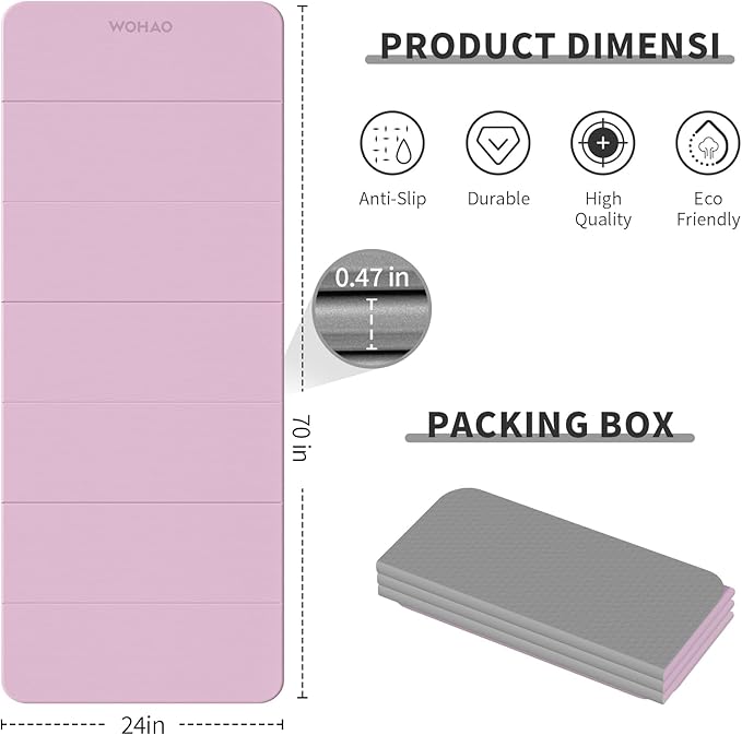 WOHAO 7-Fold Yoga Mat 70"x24" - 1/2 Inch Thick Folding Exercise Mat, Compact Non-Slip TPE Mat for Travel, Storage, Yoga & Home Gym, Lightweight & Portable